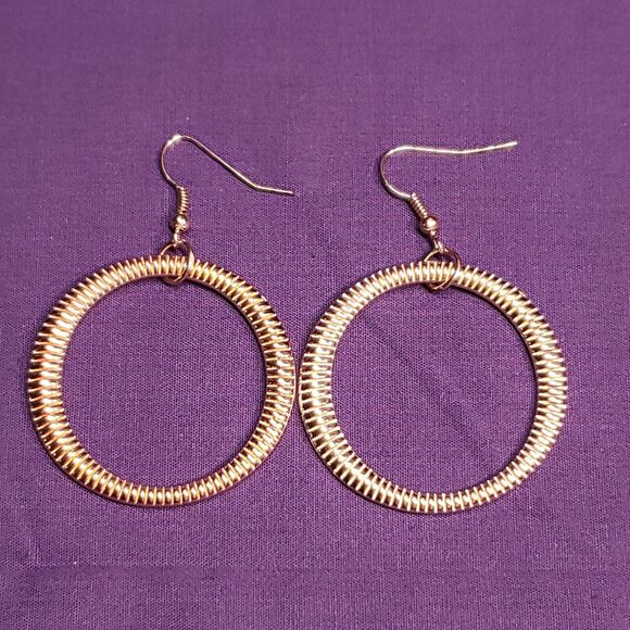 Rose Gold & Copper Tone Textured Holographic Round Dangle Drop Earrings - Picture 1 of 10
